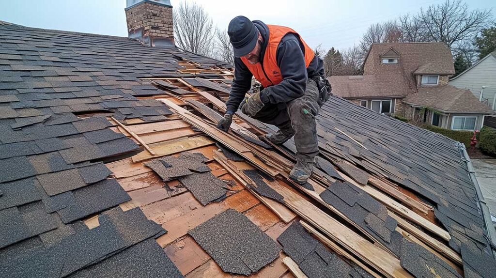 Homeowner reviews an insurance policy while visible roof damage and a ceiling leak are documented indoors.