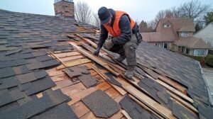 Homeowner reviews an insurance policy while visible roof damage and a ceiling leak are documented indoors.