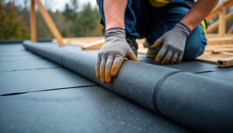 Homeowner inspecting a roof from the ground with binoculars beside a secured extension ladder.